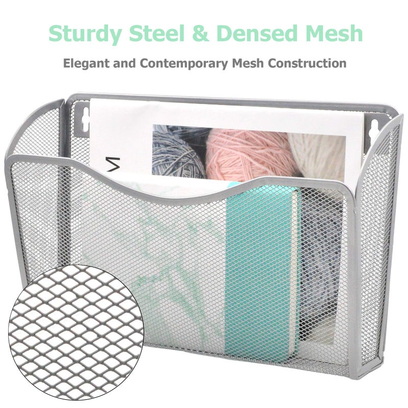 EASEPRES 3 Single Pocket Mesh Hanging File Organizer, Vertical Wall Mounted Magazine File Holder, Mount Basket Mail Paper Document Folder Organizing for Office, Home and School, Silver - Image 4